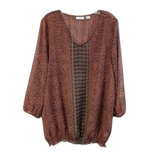 Liz Claiborne Women's Blouse Size LT Brown Paisley 3/4 Sleeve Semi-Sheer Boho
